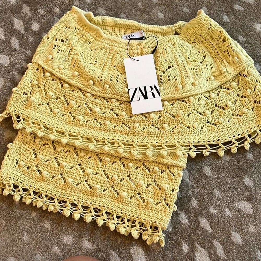 Summer ready. Pretty. Chartreuse. On trend crocheted short sweater. - Picture 2 of 3